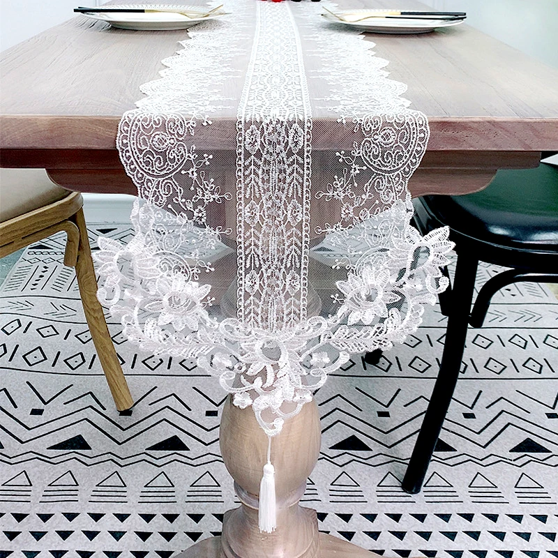 

Luxury White Lace Table Runners Europe Embroidery Bed Table Runner Flag Cloth Cover Wedding Party Kitchen Dining Decoration