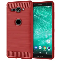 Shockproof Silicone Brushed Carbon Fiber Case - Durable Back Cover Coque s for Xperia XZ2 Compact (Red)
