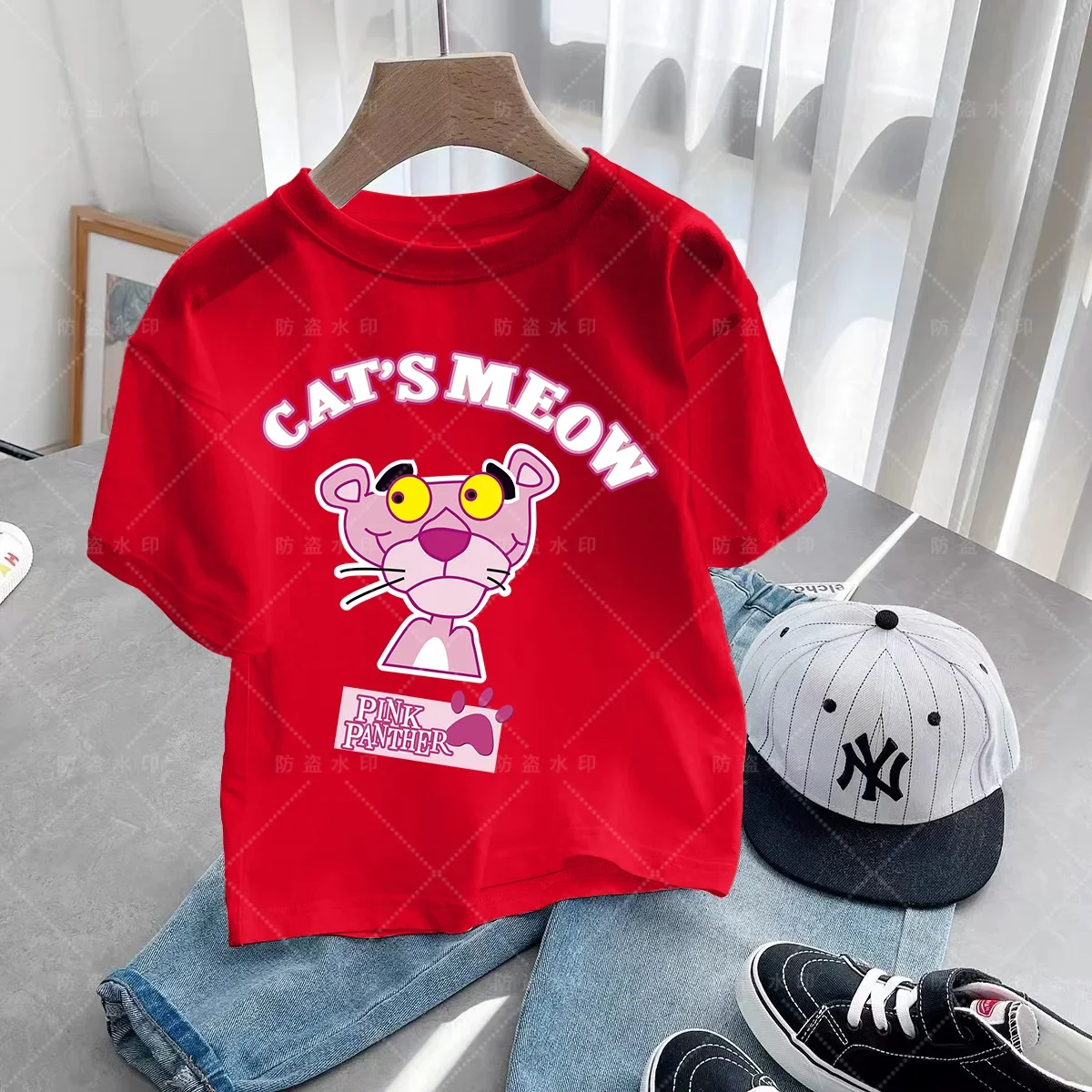 Summer Kids T-shirt Pink Panther Graphic Shirt Girls Floral Cat Top Short Sleeve T-shirt Cute cartoon Pink Panther T-shirt 6