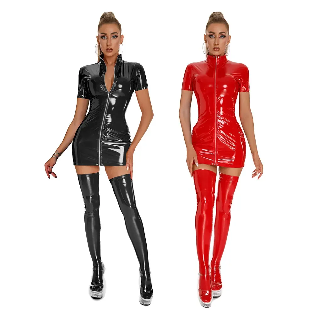 

Women Shiny PVC Short Sleeve Leather Dress Erotic Zipper Open Crotch Latex Sheath Bag Hip Skirt Sexy Bottom Porn Breast Exposing