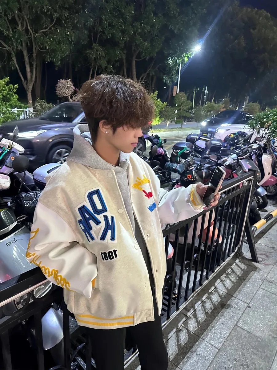 오리지널 미국 트렌디 브랜드 플로킹 자수 레터 야구 재킷 면 안감 두꺼운 봄 신상 남성 코트