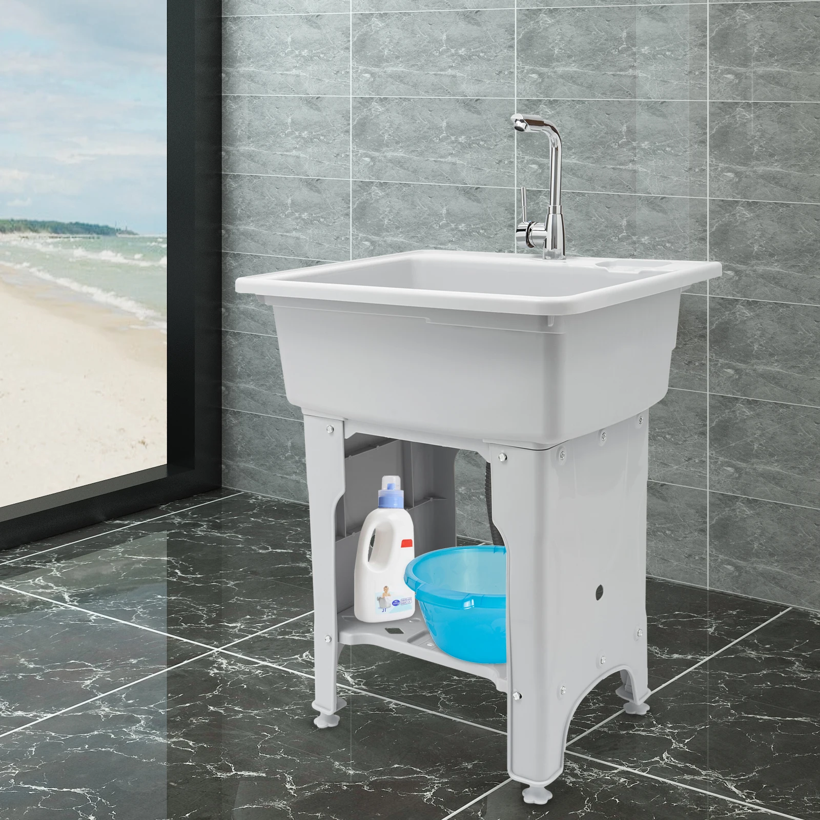 Freestanding Plastic Laundry Sink with Washboard with Cold and Hot Water Faucet Hoses for Laundry Room Garage or Shop