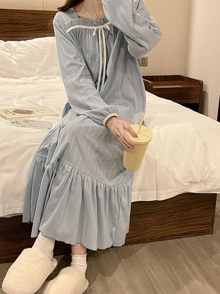 Cotton Solid Square Collar Women's Home Pajamas Spring Fall Sweet Bow Long Maternity Nightdress Ladies Loose Casual Nightgown