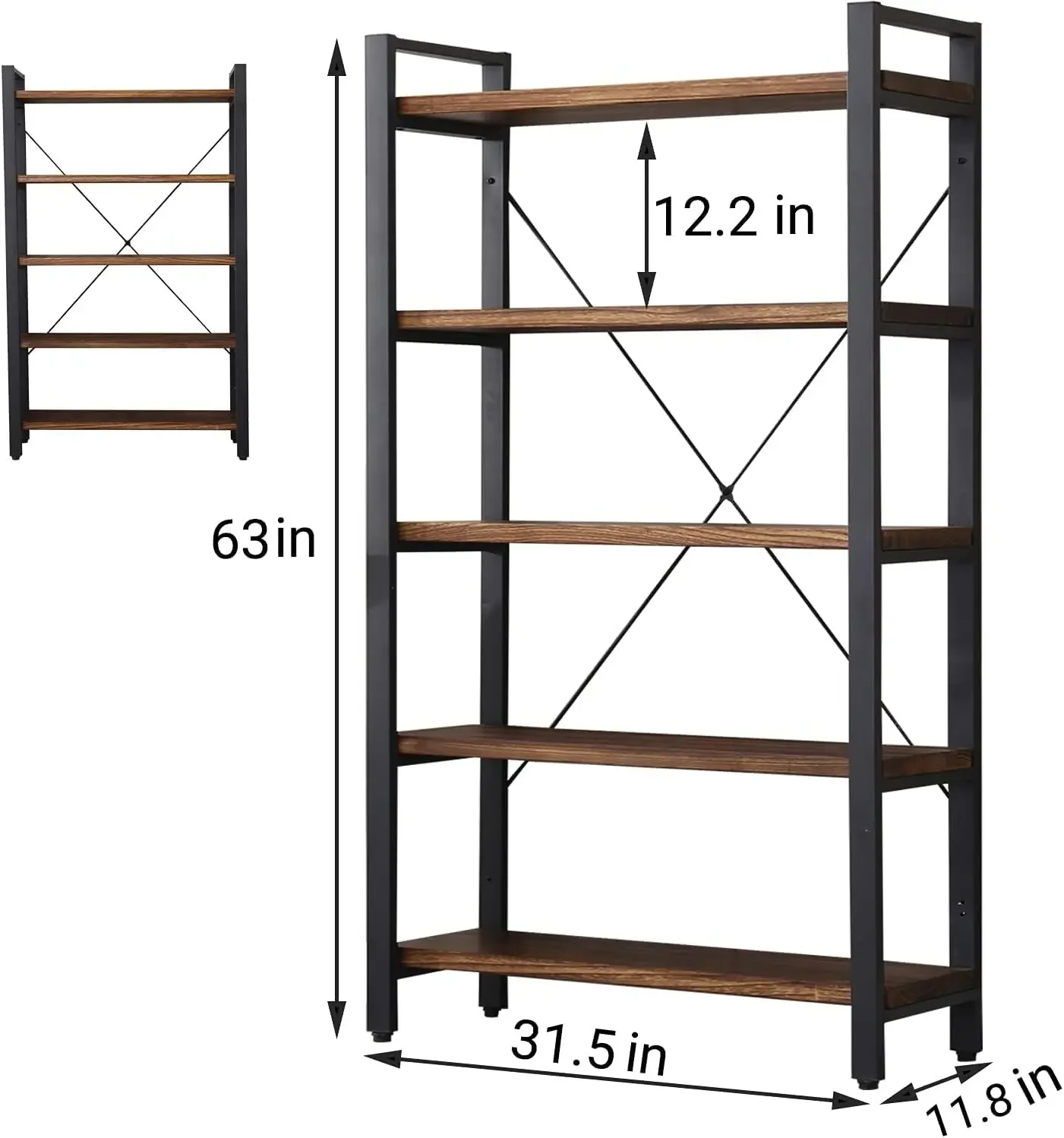 NEW-5 Tier Bookcase, Solid Wood Bookshelf Rustic Vintage Industrial Etagere Bookcase, Metal and Wood Free Vintage Bookshelf,