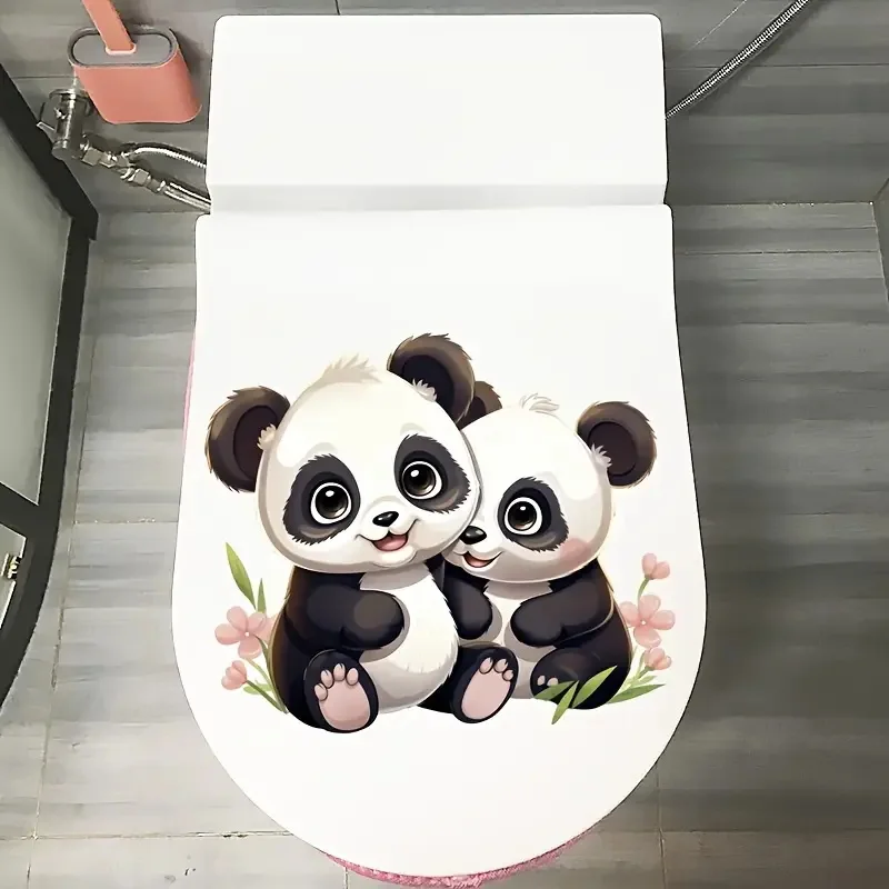 Two Cute Panda Toilet Stickers, Bright Bathroom for Home Decoration, Vinyl Animal Decals, Art Wall Paper, Poster