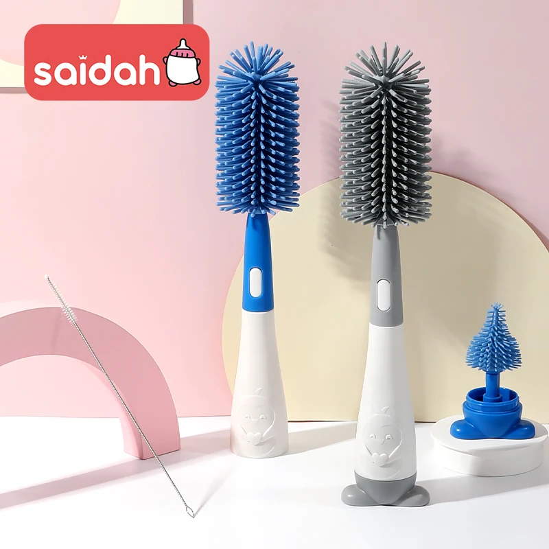 Bottle Brush 3 in 1 Penguin Silicone Baby Bottle Brush Set Stand Hidden Type Nipple & Straw Brush for Bottles Cups Vacuum Flask