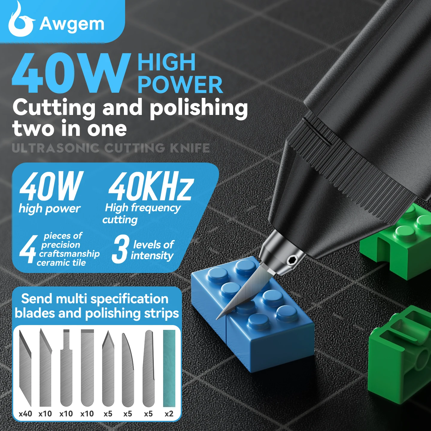 เครื่องตัดอัลตราโซนิกแบบมือถือ Awgem 40KHz มีดตัดอัลตราโซนิก เครื่องมือแกะสลักไฟฟ้า DIY สำหรับพลาสติก/เรซิ่น/งานพิมพ์ 3 มิติ/สิ่งทอ 1