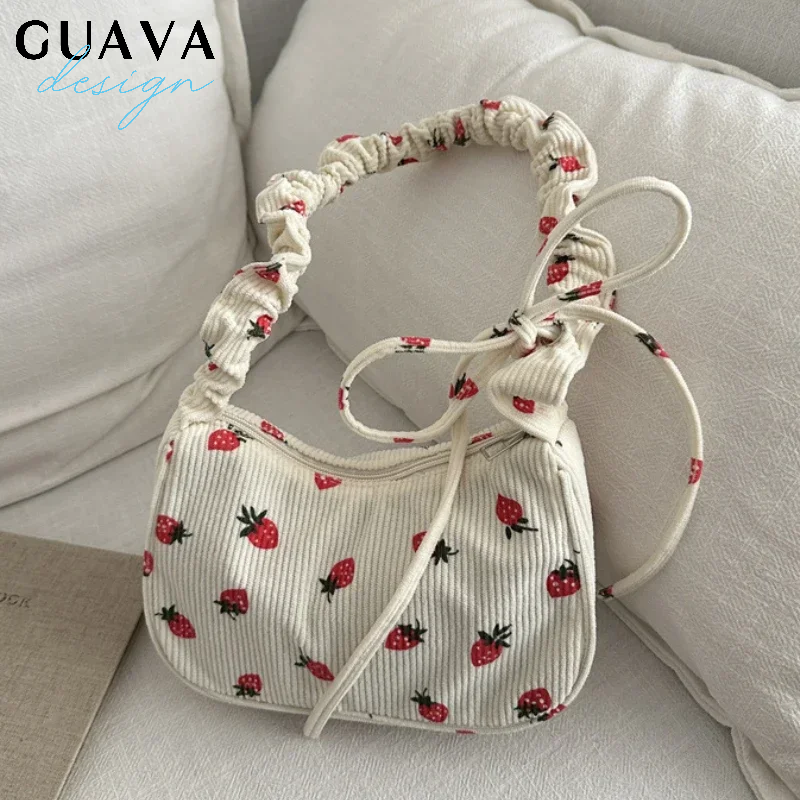 Women Small Underarm Bag Corduroy Handbag Cute Strawberry Print Little Tote Half Moon Design Eco Cloth Purse Mini Shoulder Bags