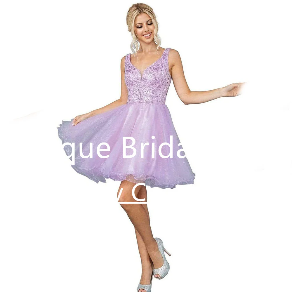 

Mini Homecoming Dress A-Line V-Neck Organza Sleeveless Sequins Backless Back Zipper Sexy Draped Beading Short Cocktail Dresses