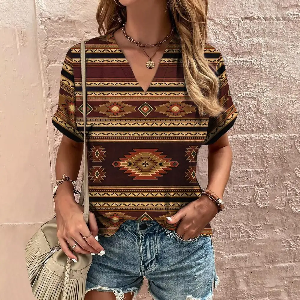 

Футболка женская в этническом стиле, Свободный Топ с V-образным вырезом и коротким рукавом, Повседневная винтажная рубашка, одежда для женщин, на лето