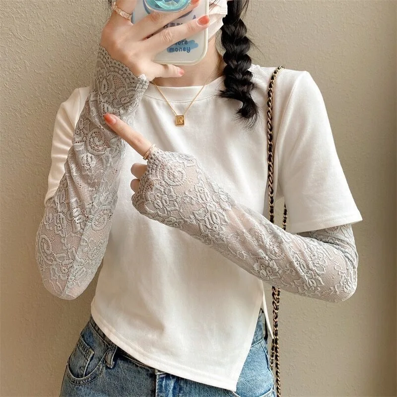 Frauen Sommer Eis Seide Spitze Arm Hülse Elastische Hülse Fahren Handschuhe Schwarz Weiß Lange Fingerlose Fäustlinge Sonnenschutz Handschuhe – Detail 13