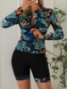 2025 New 2 Piece Women Swimsuits Leaf Print Long Sleeve Crew Neck Rush Guard Zip Up Swim Top & Boxer Short Bottom Swimwear