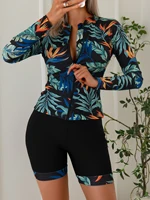 2025 New 2 Piece Women Swimsuits Leaf Print Long Sleeve Crew Neck Rush Guard Zip Up Swim Top & Boxer Short Bottom Swimwear