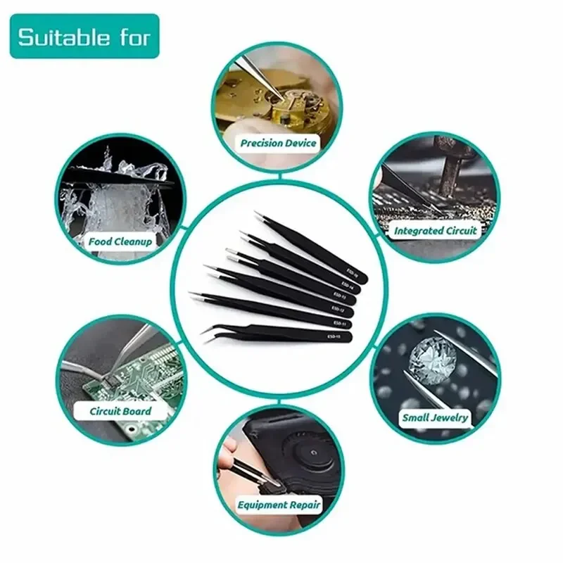 6pcs Anti-static ESD Stainless Steel Tweezers Precision Maintenance Industrial Repair Bending Tools for Home Work Model Making