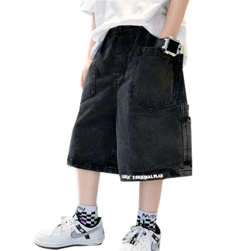 

Summer Teens Boys Shorts with Pocket New Fashion Black Color Korean Hot Deals Knee Length Jeans Kids High Quality Casual Shorts