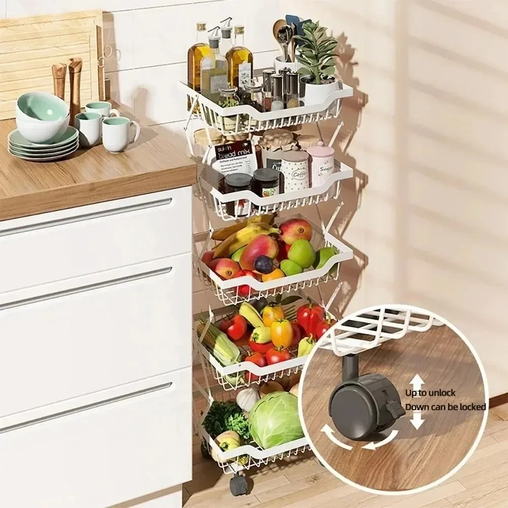 Dobrável Multi-Layer Vegetal Armazenamento Rack, frutas e vegetais Basket, Floor Stand, Movable, Household, Cozinha