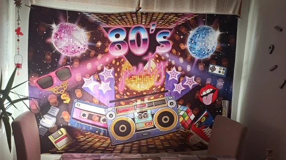 80년대로 돌아가기 '90년대 테마 파티 음악 디스코 배경 낙서 네온 글로우 사진 배경 배너 장식 Photocall Custom