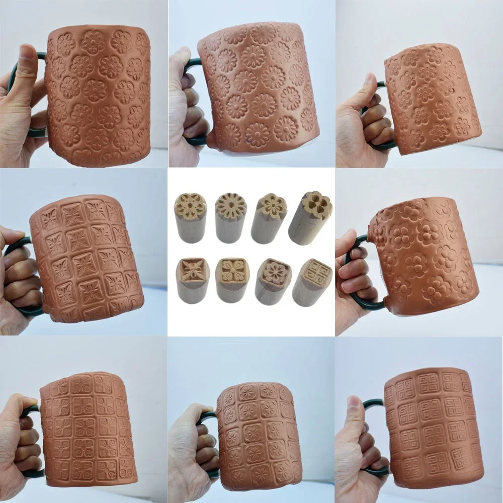 Pottery Stamp 8 Design Daisy Flower Baroque Morroco Square Texture Polymer Clay Stamp Emboss Wood Seal Block Ceramic Art Tool