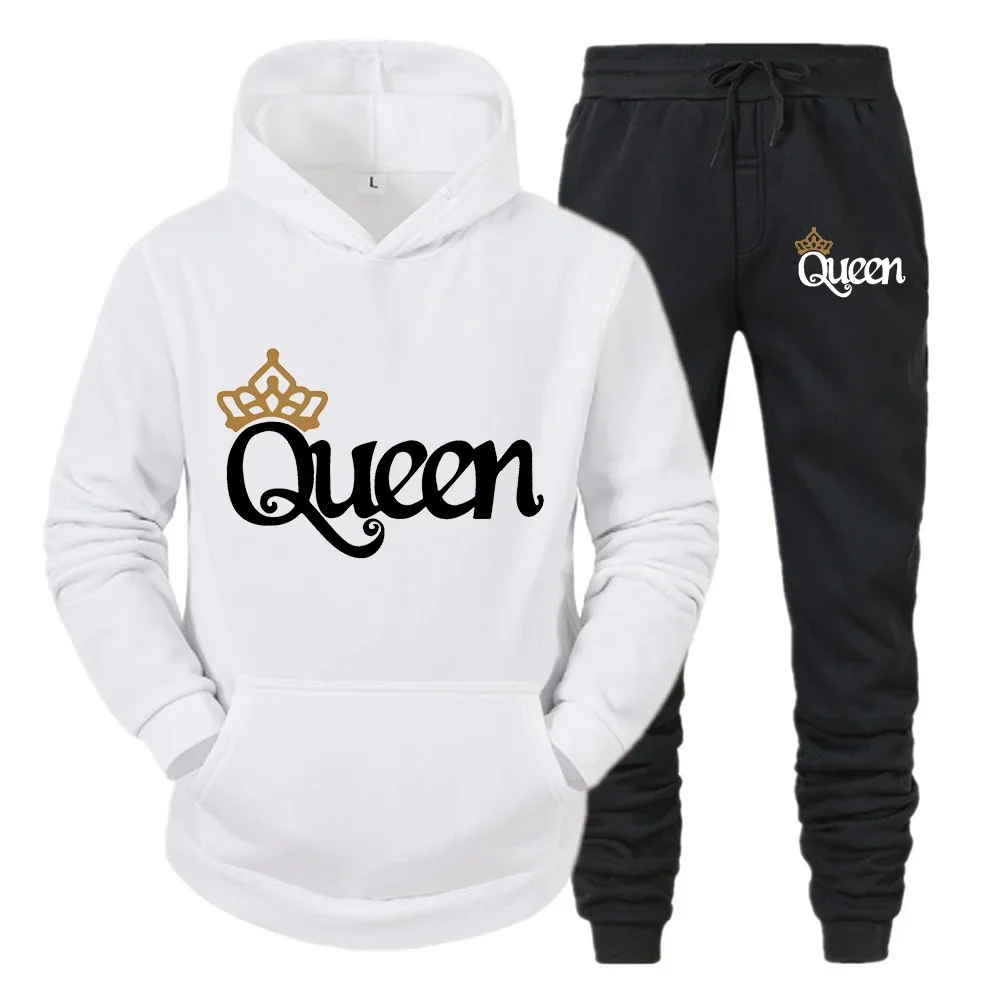 Women's Queen Print Tracksuit Long Sleeve Hoodie and Drawstring Sweatpants Two Piece Set Female Fleece Outfits Sportswear broken planet tracksuit am i the only one collectors hoodie pants 1 1 top quality foam print sportswear set eu size xs xl