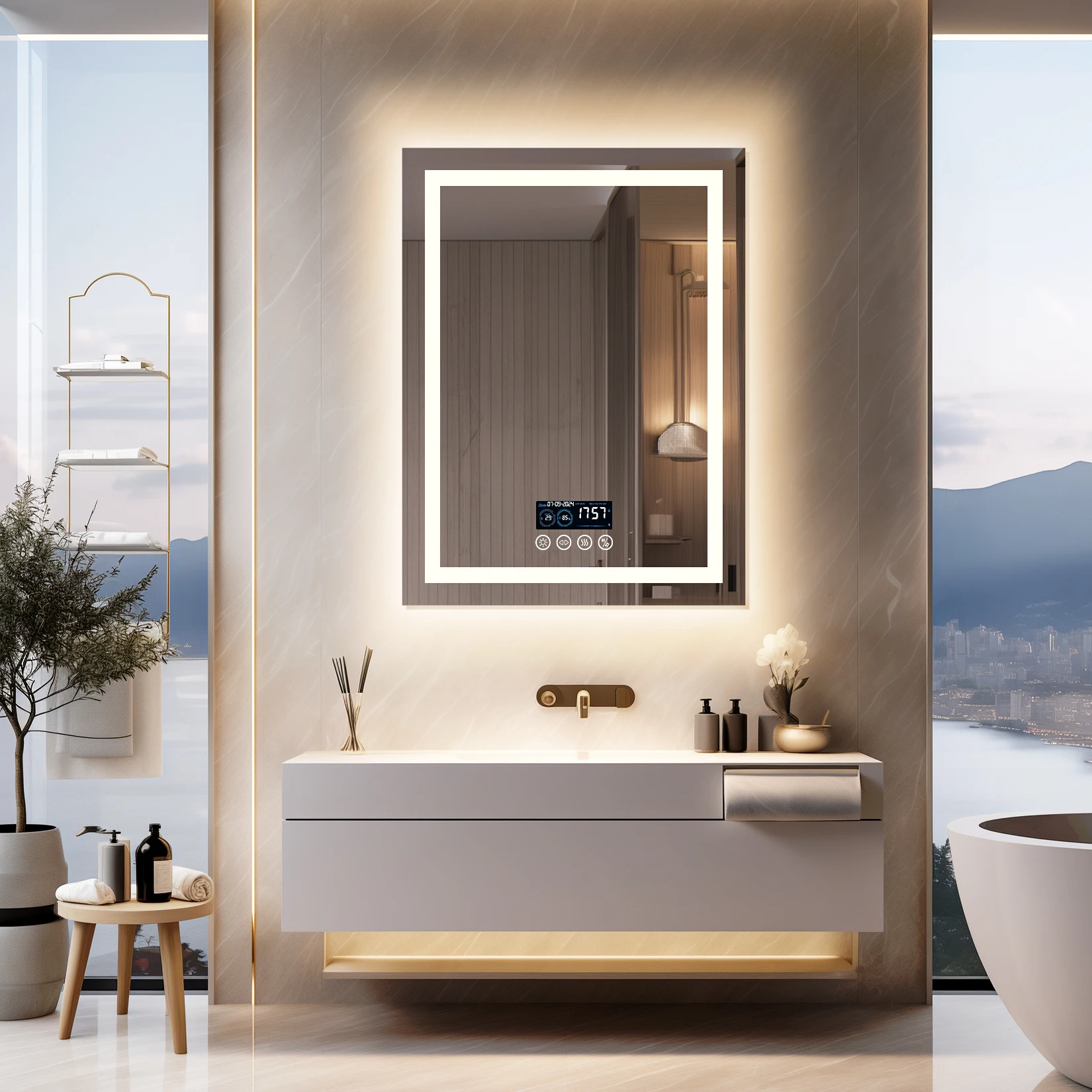 wisfor 24 x 32 LED Bathroom Mirror with Bluetooth Smart Display Screen,Touch Button 3 Colors Dimmable Light, Anti-Fog, Memory