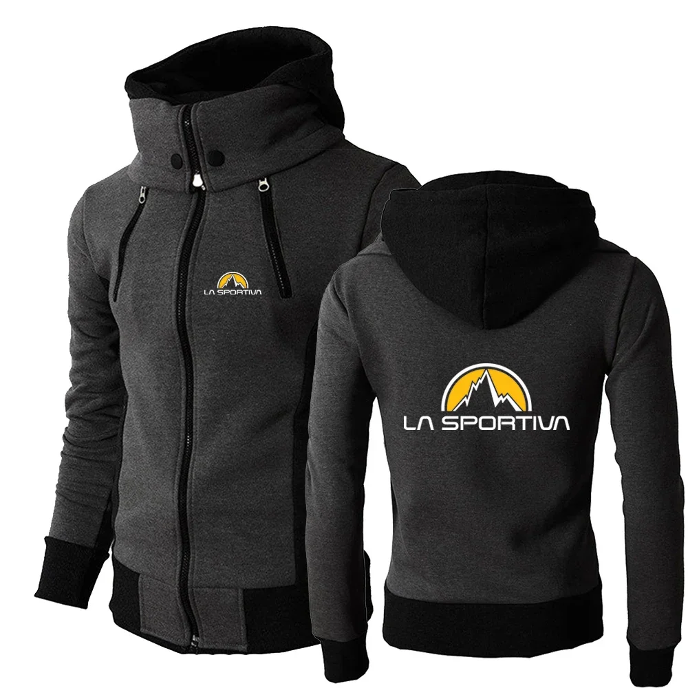 

2024 Spring Autumn Men's La Sportiva Print Trendy Lapel Collar Solid Color Multi Zipper Design Loose Casual Long Sleeve Hoodies