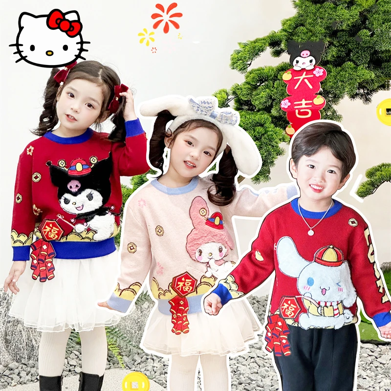 

Sanrio MyMelody Cinnamoroll Kuromi Sweater Kawaii Anime Children's Winter Knitted New Year's Festive Warm Pullover Sweater Gift
