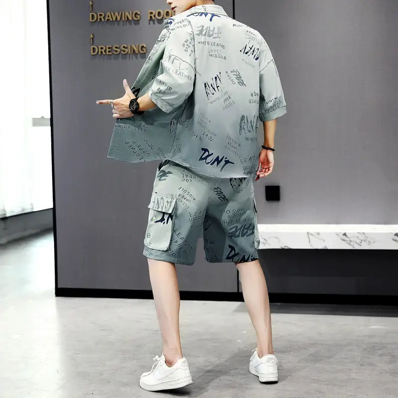 

T Shirt Shorts Sets Man Loose Striped Top Polyester Korean Style Novelty In Stretch Luxury Cool Smooth Fashion Xl Men's Clothing
