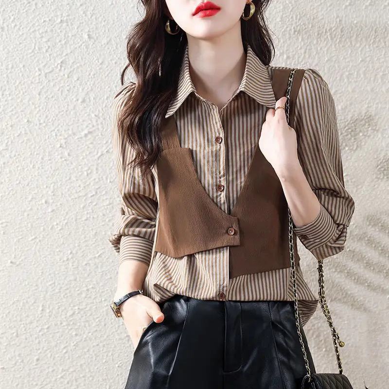 Stylish Lapel Button Spliced Striped Fake Two Pieces Shirt Women's Clothing 2022 Autumn New Casual Tops Irregular Blouse luxury women suits 3 pieces one button formal blazer pants vest feather bead peaked lapel plus size tailored mother of the bride