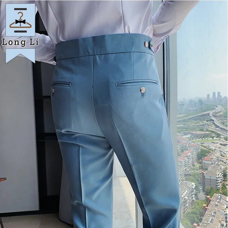 British Style Solid High Waist Suit Pant Men Business Formal Wear Trousers Slim Casual Office
