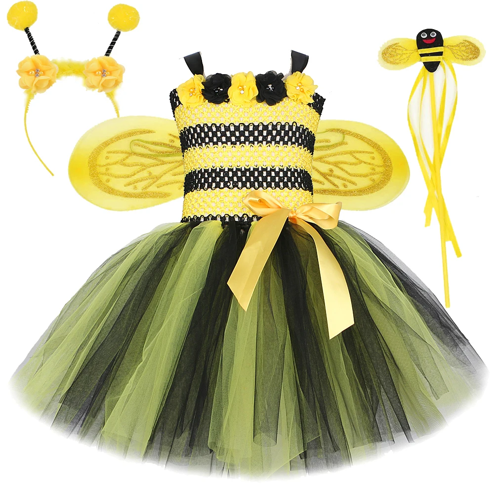 

Yellow Black Honeybee Dresses for Girls Birthday Halloween Costumes for Kids Toddler Tutu Outfit Children Fancy Dress with Wings