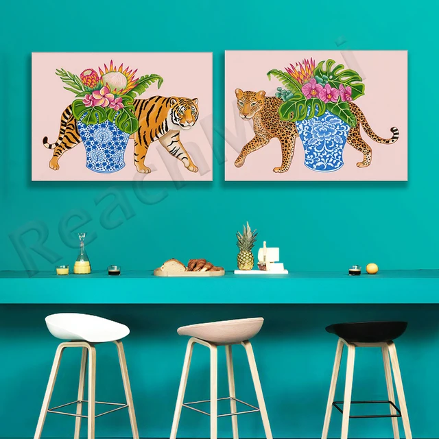 Chinese Style Art Print Tiger Leopard Blue and White Ginger Pot Vase Monstera Horseshoe Leaf Orchid Canvas Print Poster