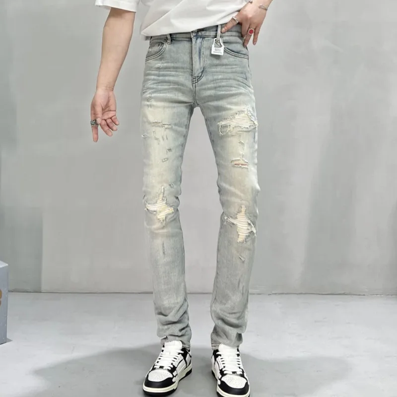 

Men's Casual Denim Jeans Ripped HOLE Retro Light Blue Washed Korean Luxury Clothing Slim Spring Autumn Fashion Stretchy Pants
