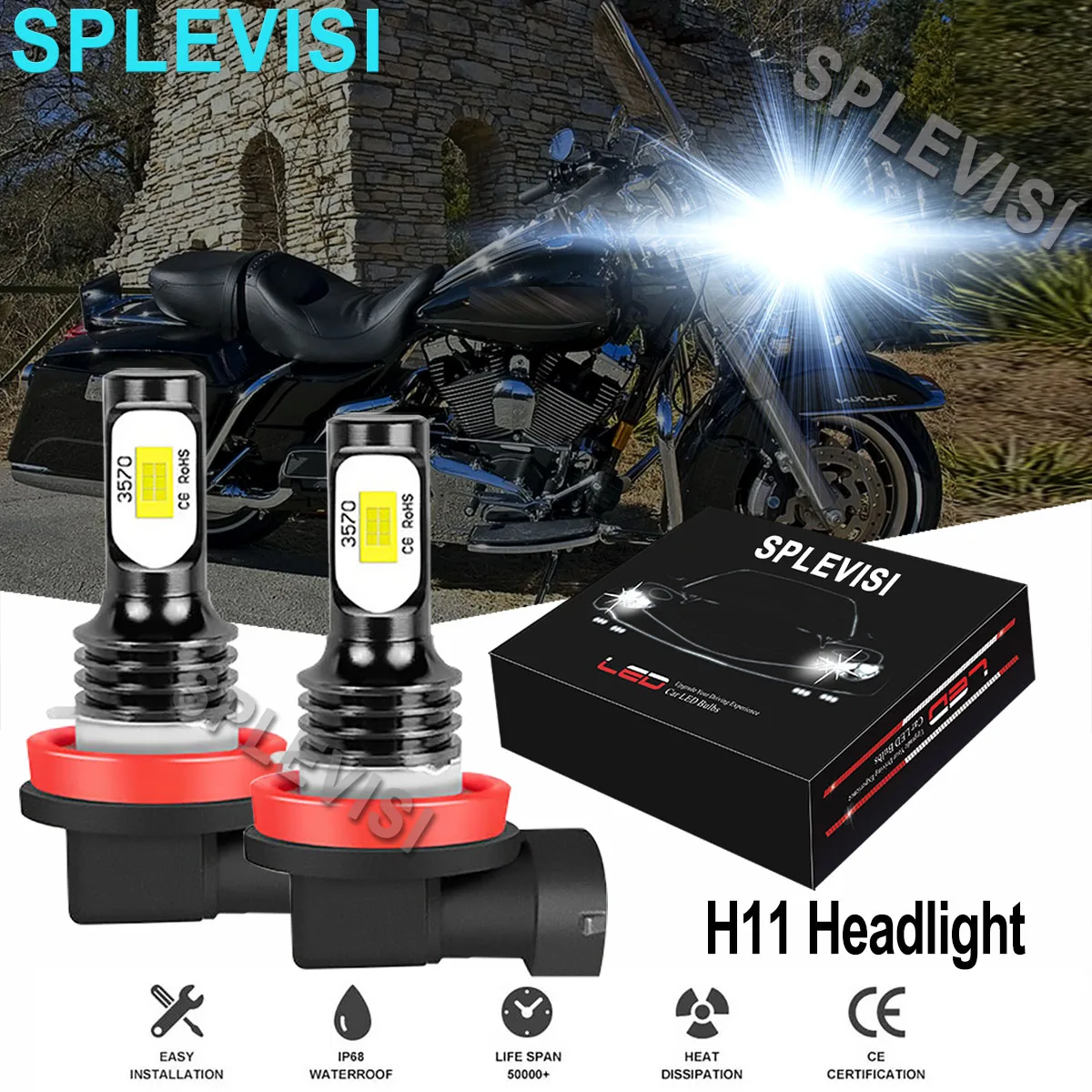 

2x70W H11 Bulbs H8 LED Headlight 6000K Pure White Kit For Harley FLHR Road King 2014 2015 2016 2017 2018 2019 Low Beam