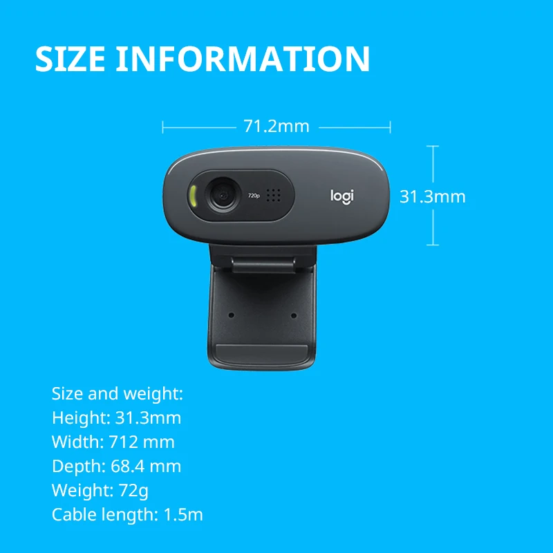 로지텍 C270 HD 비디오 720P 웹캠 내장 마이크, USB 2.0 미니 컴퓨터 카메라, PC 노트북 화상 회의 카메라,