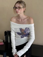 Trendix Knit Print Pullover For Women 2025 Summer Long Sleeve Asymmetric Top Ladies Party Sexy Off Shoulder Knitwear Flower Tops 1