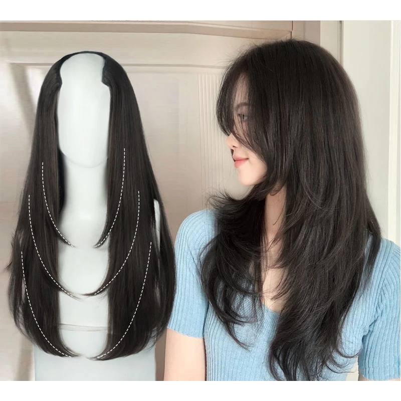 H&STAR 22Inch Synthetic Hair Extensions Blends Well Long Layered Straight Wavy V-Shaped Hairpieces   Brown Hair Extension