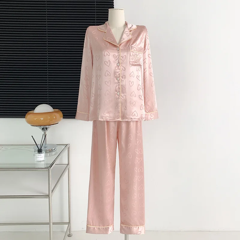 Elegant French Women 2Pcs Spring Summer Silk Satin Nightwear Elastic Waist Trouser Suits Loose Home Wear Black Leopard Loose