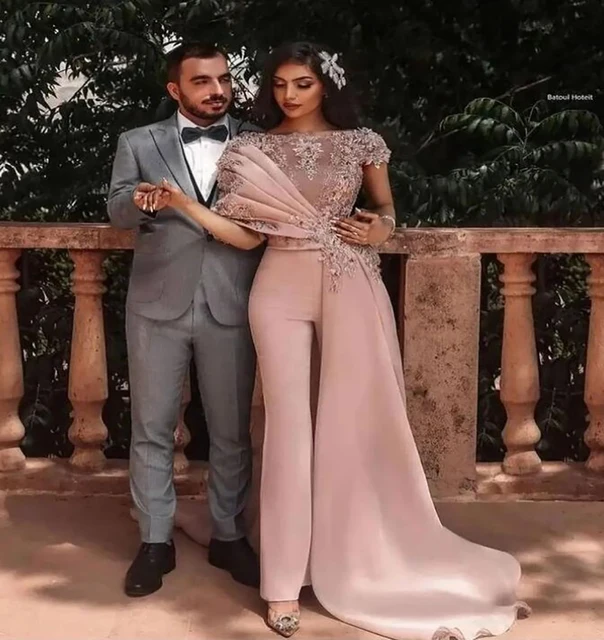 Customized Arabic Jumpsuit Pant Prom Dresses With Train Short