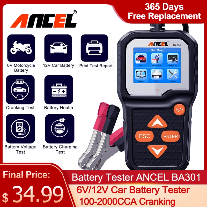 ANCEL BA301 Car Battery Tester 12V 6V Motorcycle Cranking Test 2000 CCA Boat Batteries Charger Analyzer Circuit Automotive Tools