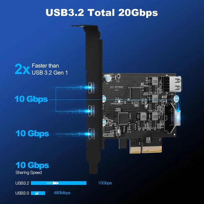 Cartão de Expansão de Alta Velocidade tipo c Pcie x4 a Usb 3.2 Usb 2.0 Interno Usb tipo e 20gbps