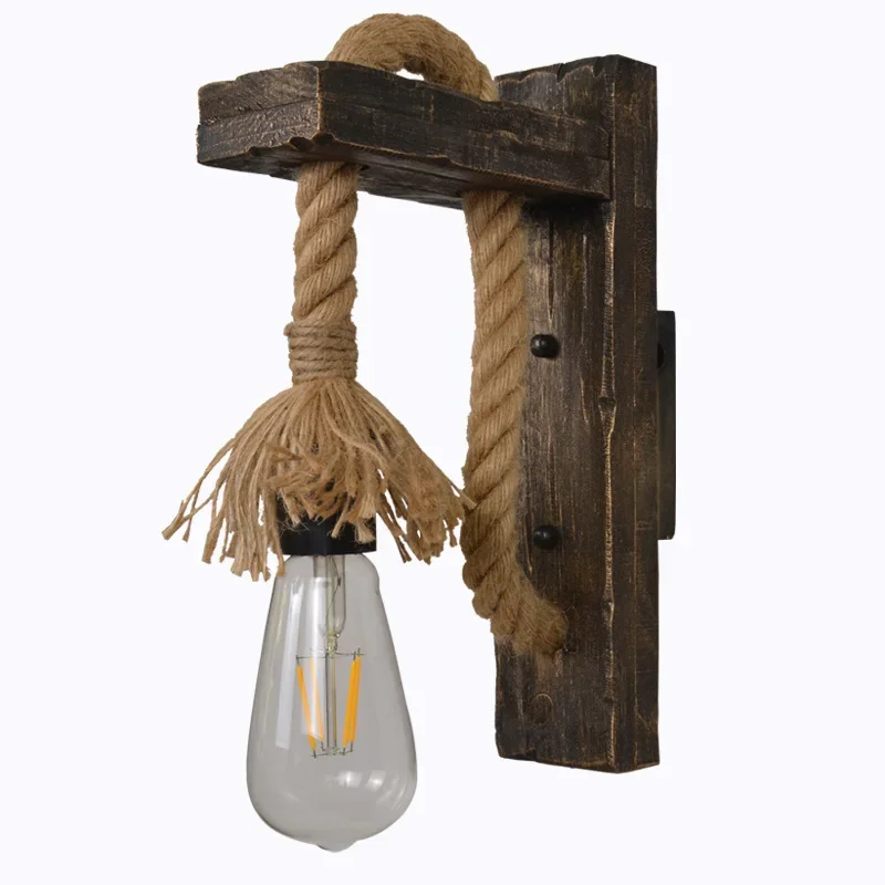 Wall Light Vintage Wood Hemp Rope Wall Lamps Fixture Retro Hallway Bedside Loft Light Luminaire Industrial American Decor Lighting Wooden wall light