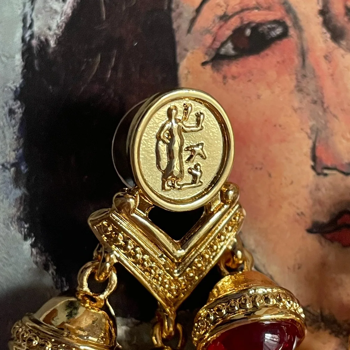 Vintage red glass bell eardrop court embossed gold coin stud earrings for women