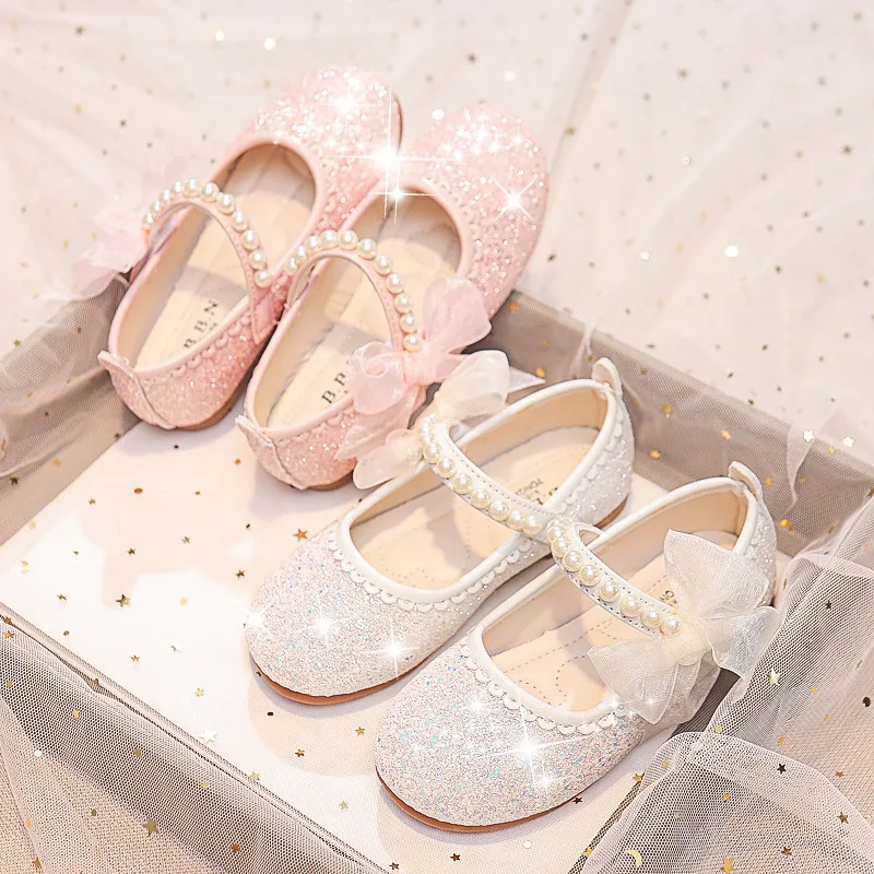 รูปสินค้า สาวOxfords Blingรองเท้าฤดูใบไม้ผลิฤดูใบไม้ร่วงเด็กโรงเรียนเต้นรํารองเท้าPearl Beadingsสาวใหญ่นุ่มรองเท้าหนังPUสีชมพู,สีเบจ