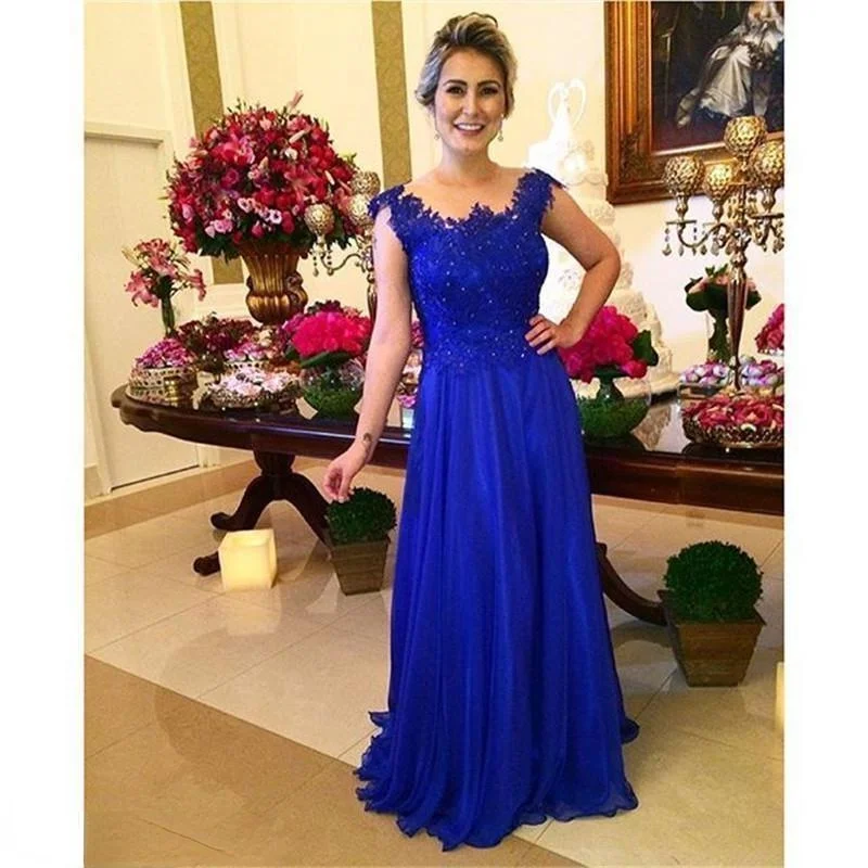 

Elegant Royal Blue Mother Of The Bride Dress Jewel Neck Cap Sleeves Lace Appliques Chiffon Plus Size Formal Party Evening Gowns