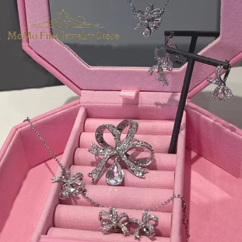 2025 High Quality Fine Party Jewelry Set Charm Silver Bow Love Crystal Fashion Necklace Bracelet Earrings Romantic Gift ForWomen 1