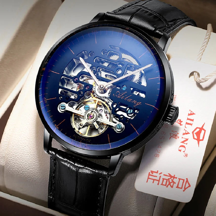 

AILANG 2023 Fashion Men's Automatic Mechanical Trend Hollow Watches Steampunk Black Waterproof Mesh Strap Luminous Hands 8633