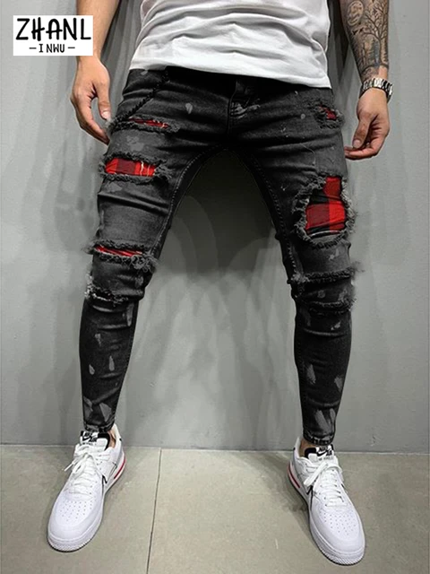 Pantalones Vaqueros Para Hombre Jeans Ajustados Elásticos Con Parches De  Hip-Hop