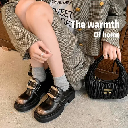 Retro College Style Small Leather Shoes for Women's Spring Versatile Thick Soled Round Toe Loafers