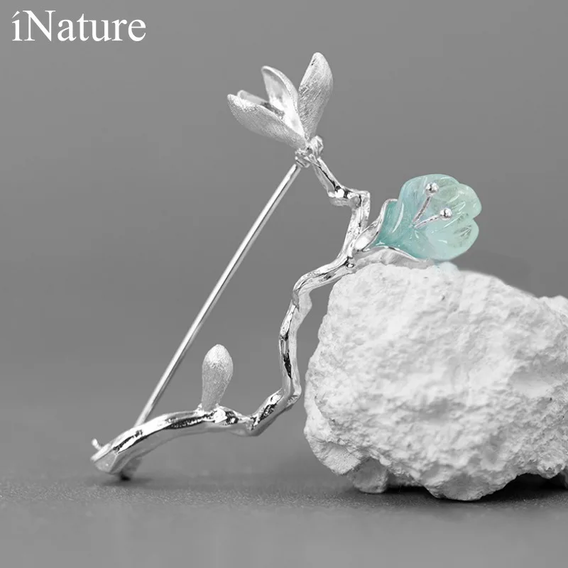 

iNature Natural Pink Aquamarine Magnolia Flower Brooches For Women 925 Sterling Silver Wedding Office Brooch Pins Jewelry Gifts