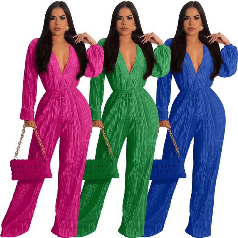 

Echoine Solid Pleated Loose Jumpsuit Women Sexy V Neck Long Lantern Sleeve Lace Up Open Back Wide Leg Pants Office Lady Overalls